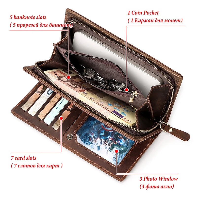 HUMERPAUL Men Wallets Genuine Leather Male Long Clutch with Phone Pocket RFID Blocking Cards Holder Large Capacity Storage Bags