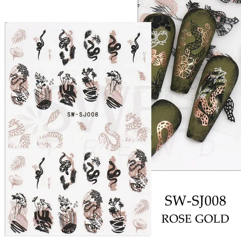 3D Snake Laser Stickers for Manicure Black Gold Abstract Leaves Luxury Nail Art Adhesive Slider Polish Decor Decals SASW-SJ