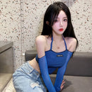 Women's Hanging Neck Off Shoulder T-shirt with Mesh Splice Sexy Open Umbilical Long Sleeve Top T-shirt
