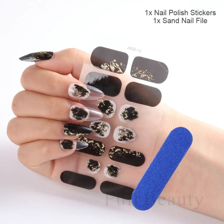 Gel Nail Stickers Lacquer Strips Full Cover Adhesive Slider Wraps With Line Foil Design Sanding File Nail Art Accessories LAJX22