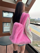 Designer Fluffy Plush Shoulder Bag Warm Faux Mongolian Fur HandBags for Women Brands Large Hobo  Shopper Heart Shaped Purses
