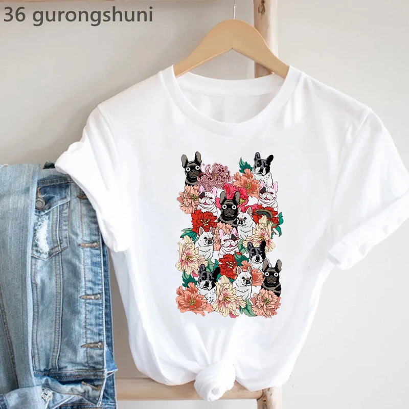Frenchies In Love Animal Print T-Shirt Women'S Clothing French Bulldog Tshirt Femme Harajuku Kawaii Clothes Dog Lover T Shirt