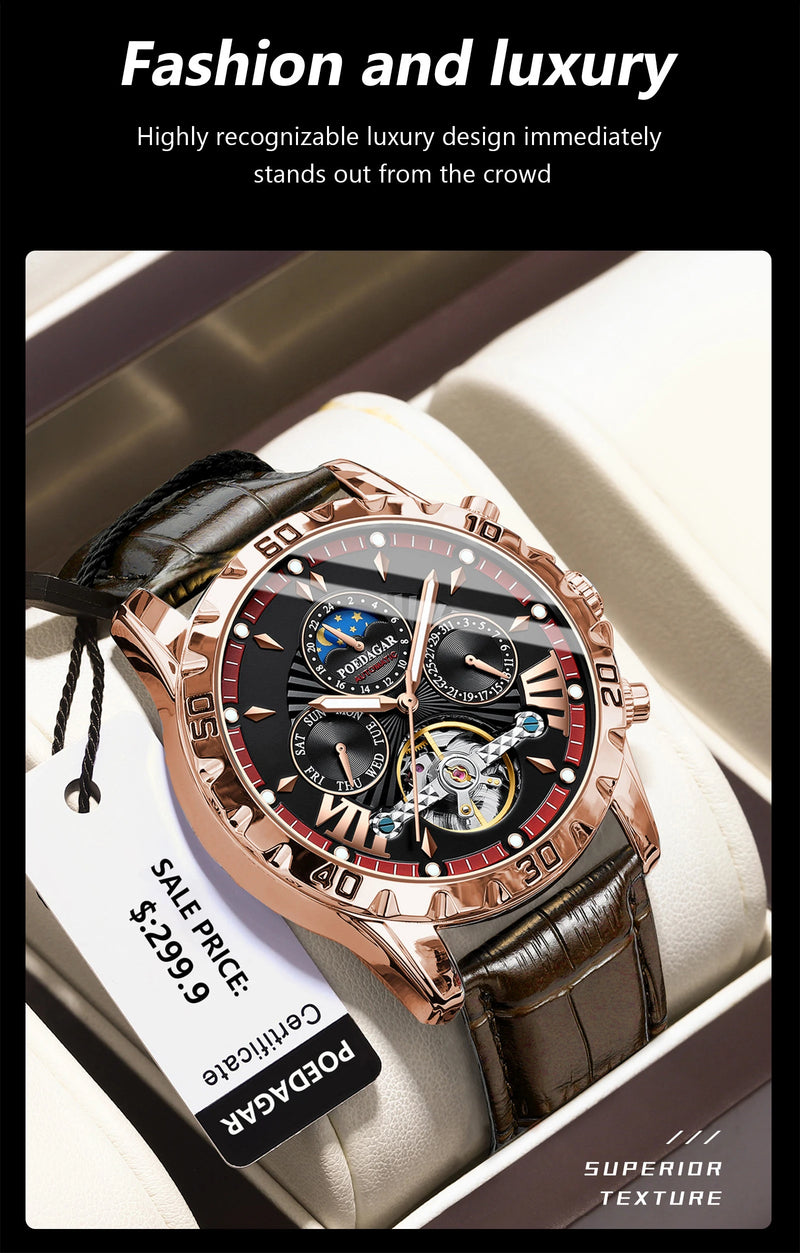 POEDAGAR Tourbillon Automatic Mechanical Wristwatch Waterproof Luminous Date Week Leather Men Watch Luxury Fashion Men's Watches
