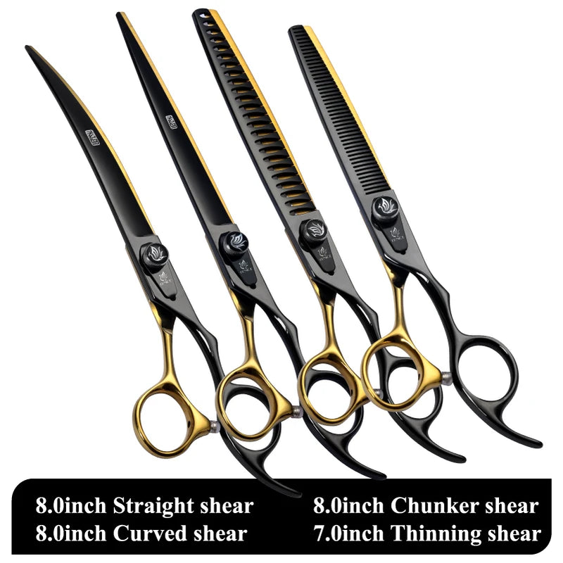 Fenice Pet Professional Dog Grooming Scissors Cutting Curved Thinning Shear Set Japan 440C Scissor Kit for Animal Beauticians