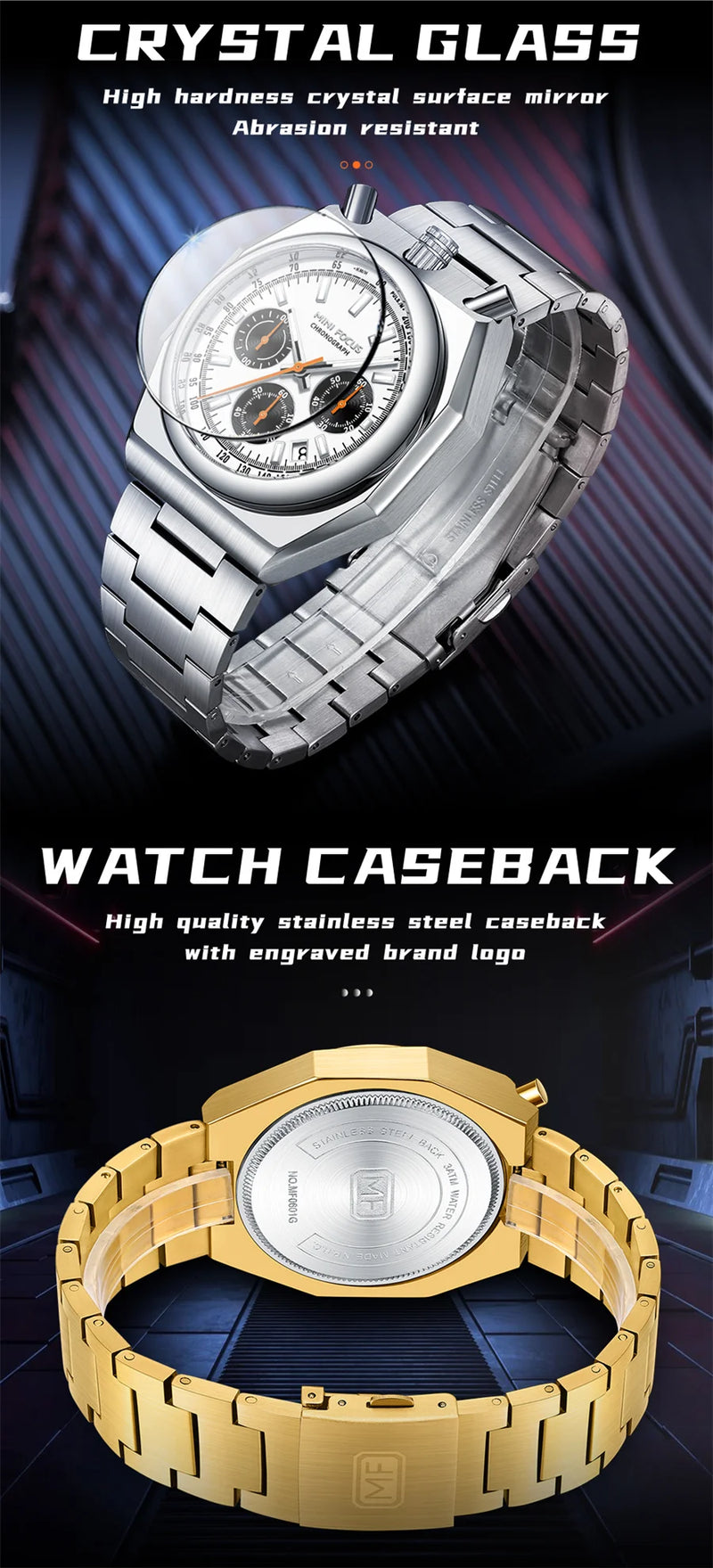 MINI FOCUS 0601 Multifunctional Unique design Quartz Watch for Men Calendar Luminous Stainless Steel Strap Bull Head Mens Watch