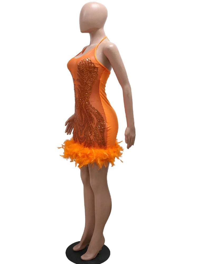 Beyprern Beautiful Mesh Sequin Feather Glam Dress Luxury Woman Party Dress Glitter Sleeveless Night Out Dresses Birthday Outfits