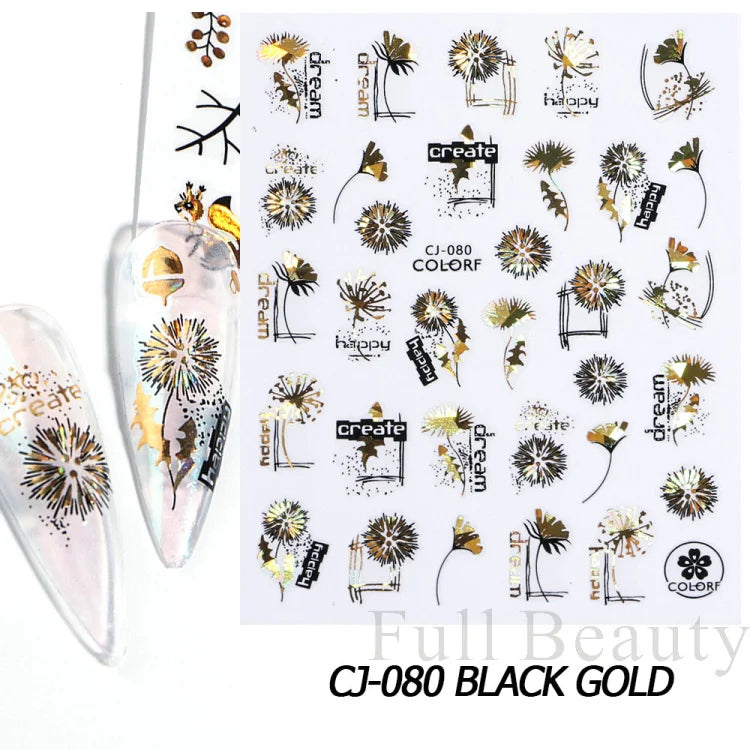 Shiny Maple Geometry Autumn Nail Art Stickers Laser Sector Fall Leaves Decals Cute Squirrel Slider Manicure Decorations CHCJ-076