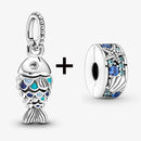 2Pcs/Lot Crystal Blue Scaled Fish Bead With Pendant Fit DIY Brand Charm Bracelet  For Women's Summer Jewelry To Making Gift