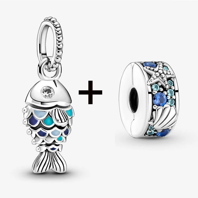 2Pcs/Lot Crystal Blue Scaled Fish Bead With Pendant Fit DIY Brand Charm Bracelet  For Women's Summer Jewelry To Making Gift