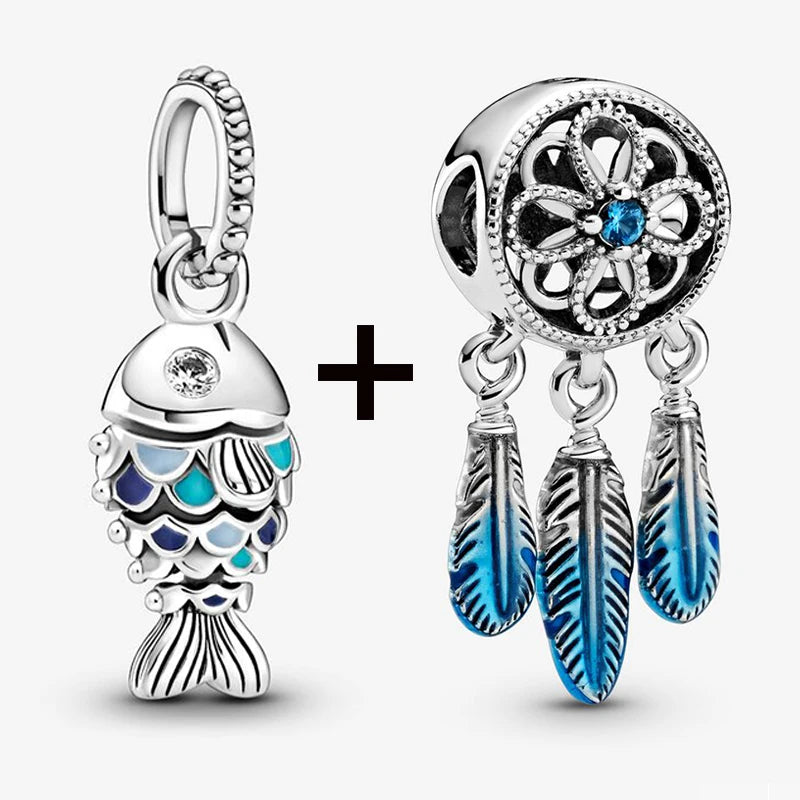 2Pcs/Lot Crystal Blue Scaled Fish Bead With Pendant Fit DIY Brand Charm Bracelet  For Women's Summer Jewelry To Making Gift