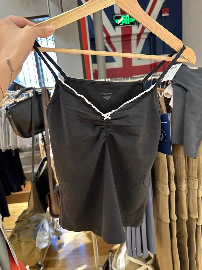 Folds V-neck Bow Black Tank Tops Women Lace Trim Cotton Sleeveless Slim Cropped Camisole Solid Vintage Sweet Summer Crop Top Y2k