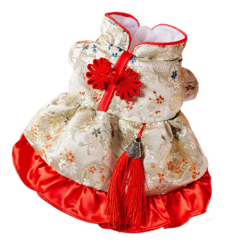 Practical Chinese Style New Year Pet Dress Plush Creative Pet Princess Skirt 4 Size Wind Resist Dog New Year Costume Keep Warm