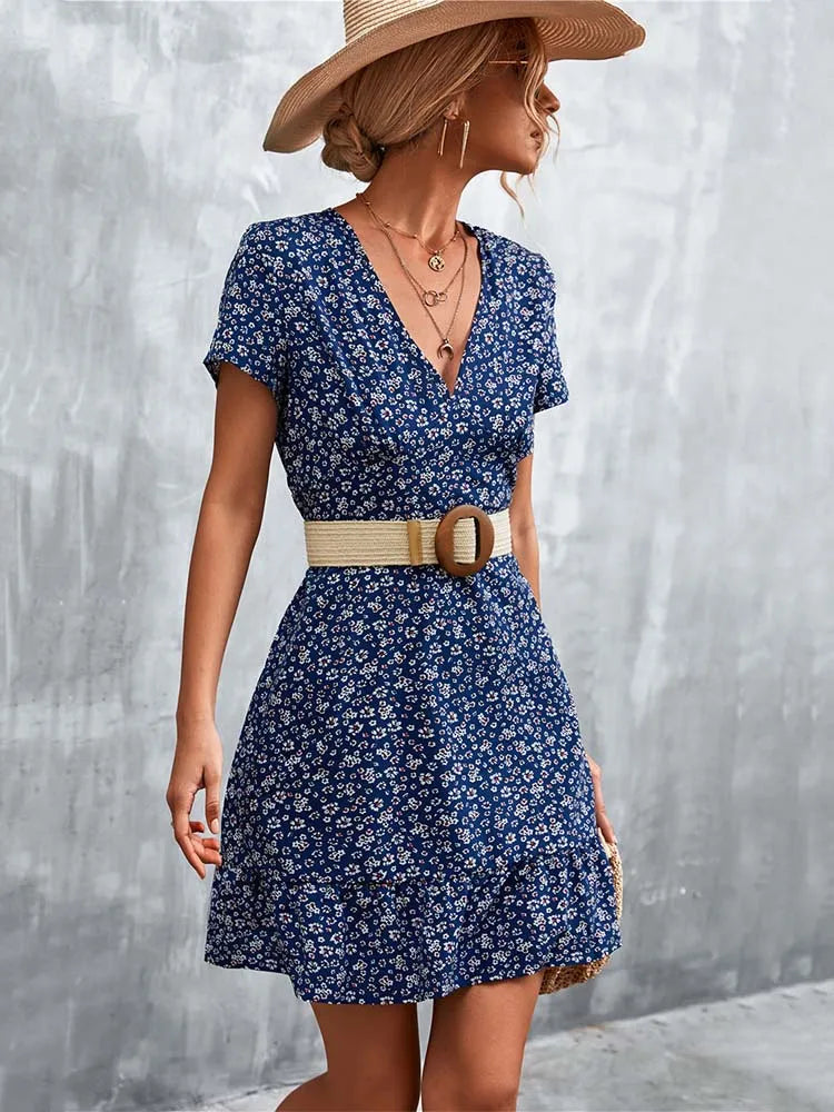Summer Short Boho Dress Women V Neck Print Floral Party Dress Ladies Bohemian Flower Mini Dress For Women