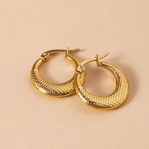 Women's Embossed Stainless Steel Hoop Earrings, Electroplated Gold Color Non Fading Earrings, Exquisite Jewelry Accessories
