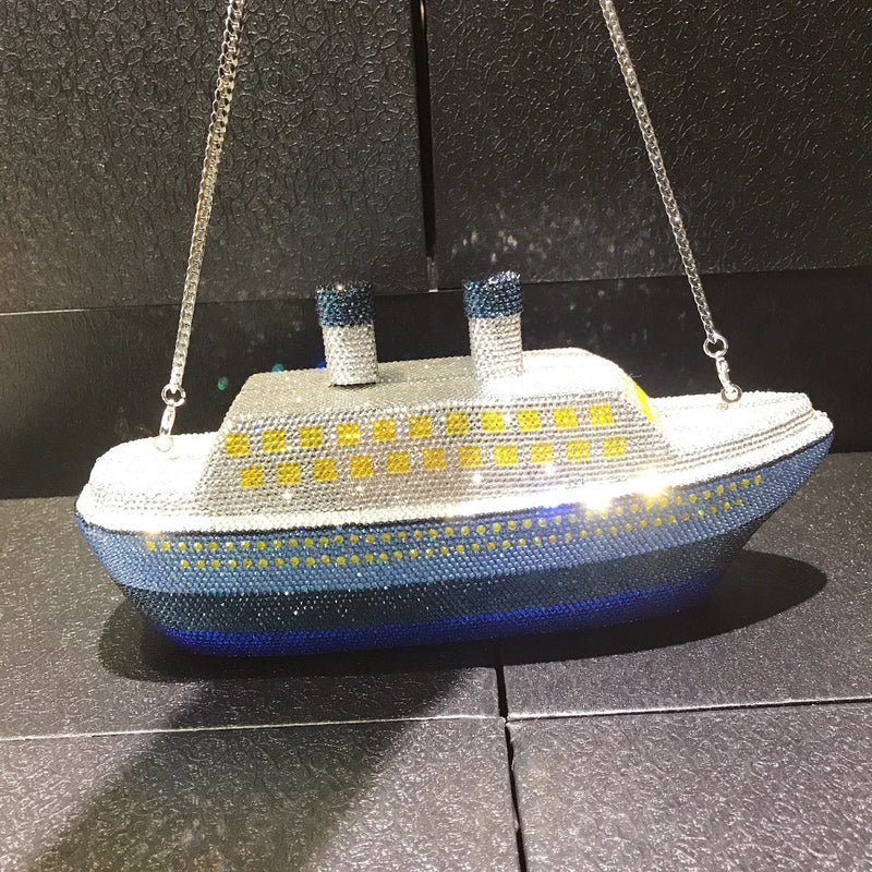 New Boat Crystals Clutch Purse RED Blue Women Gems Evening Clutch Bag Wedding Bridal Minaudiere Rhinestones Handbags and Purses