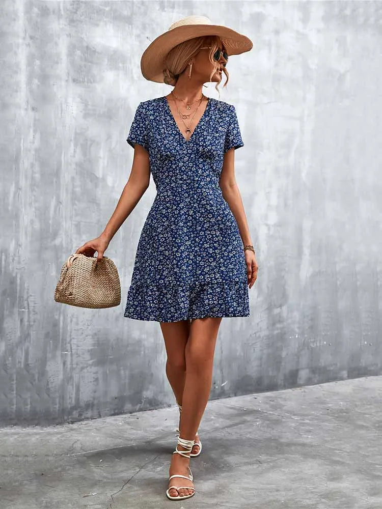 Summer Short Boho Dress Women V Neck Print Floral Party Dress Ladies Bohemian Flower Mini Dress For Women