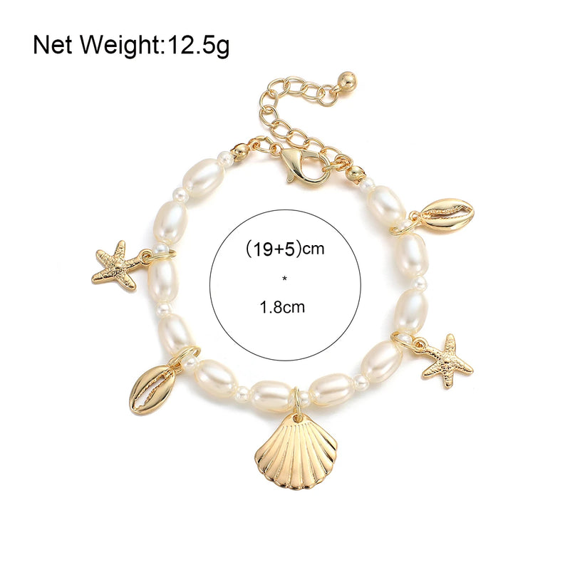 Greatera Trendy Shell Starfish Coin Imitation Pearl Chain Bracelets for Women Gold Color Metal Charms Bracelet Statement Jewelry