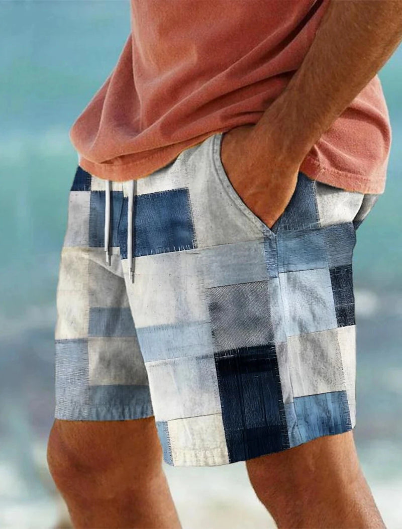 Men's Surf Shorts Drawstring Swim Trunks Elasticated Waistband Colourful Patchwork Quick Dry Shorts Hawaii Casual Micro Stretch