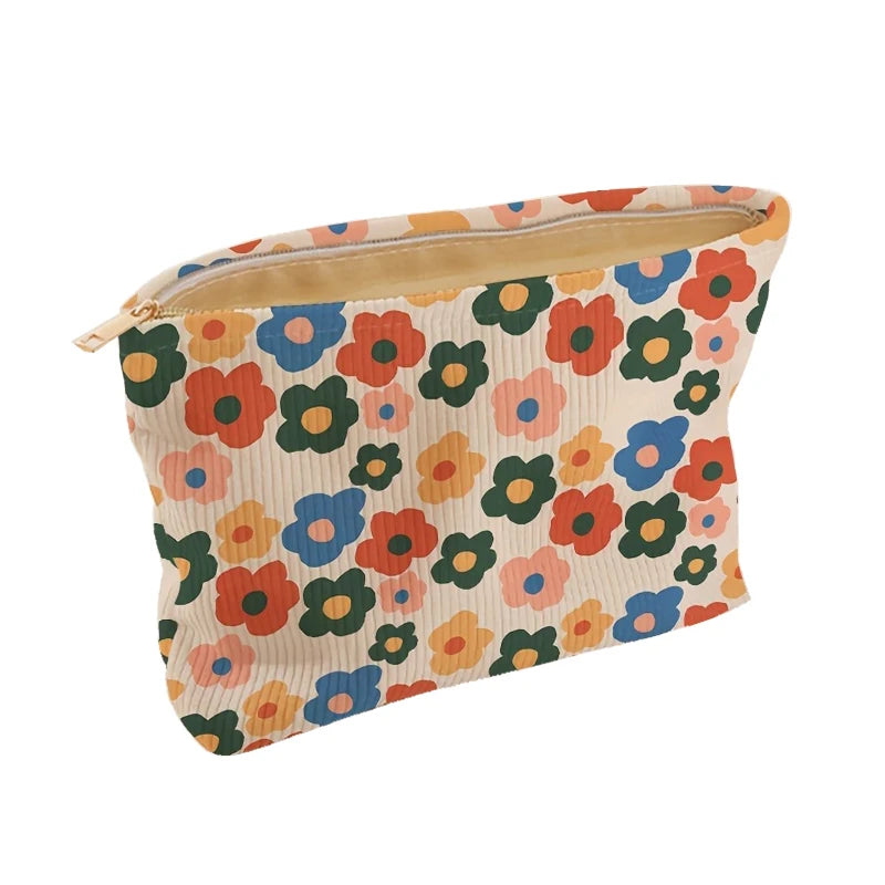 Minimally designed floral printed corduroy zipper makeup bag, lightweight and multifunctional cosmetic storage bag