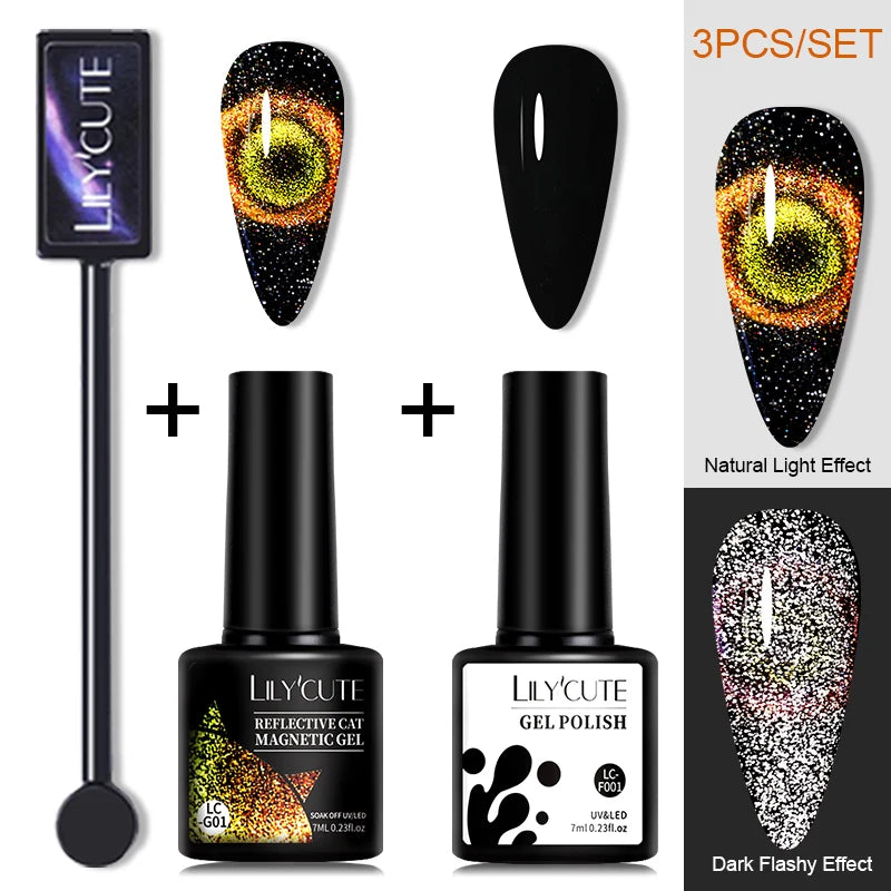 LILYCUTE 7ML 9D Cat Magnetic Gel Polish Set Semi Permanent Soak Off UV LED Glitter Nails Magnet Stick Black Gel Needed