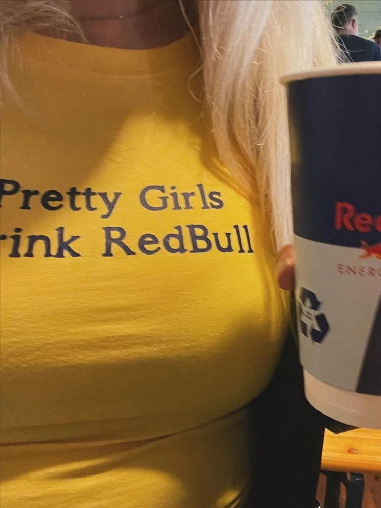 European and American girls drinking Red Bull trendy letter print Y2K pure desire spicy girl ultra short top women's T-shirt