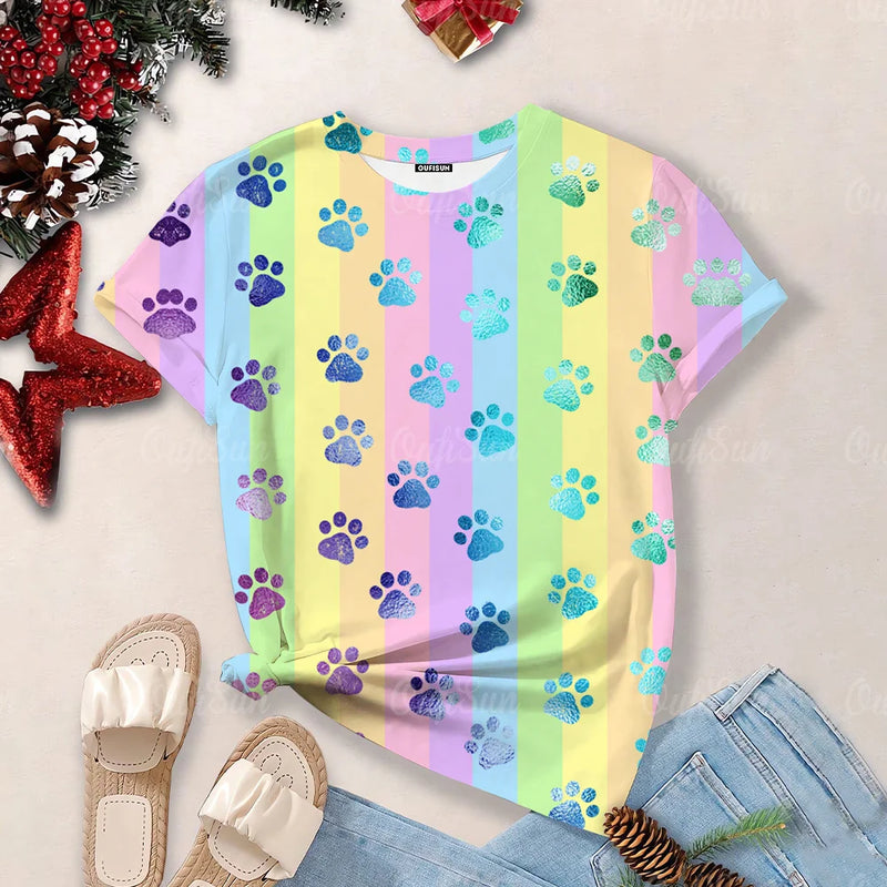 2024 Women's Top Summer Clothes Fashion Short-Sleeved Cat And Dog Paw Print Women's T-Shirt Cute Dog Paw Aesthetic Tops Woman
