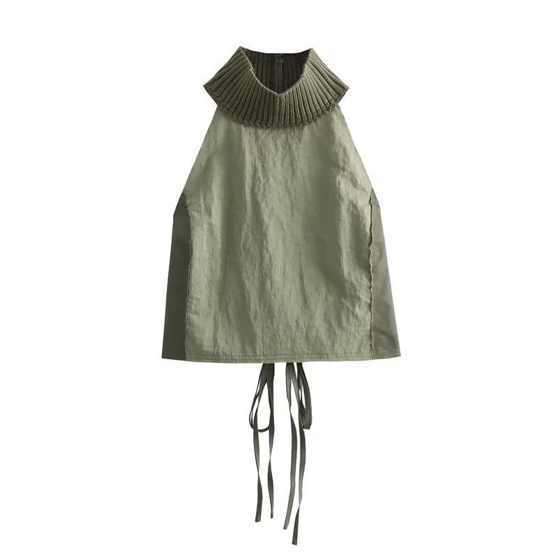 KEYANKETIAN New Cross Lace Up Backless Halter Women's Crop Vest Tops Nylon patchwork Frayed Trim Decoration Sexy Pullover Top