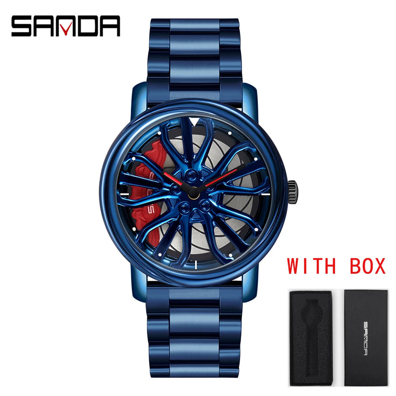 Hot Sell Fashion Men Quartz WristWatch Creative 360 Degree Rotating Car Wheel Quartz Watch Leather Waterproof Rim Hub Clock Men