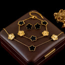 GANEMLY 316L Stainless Steel Red Plum Blossom Plant Leaf Flower Set Reversible Necklace Earrings Bracelet Women Clover Jewelry