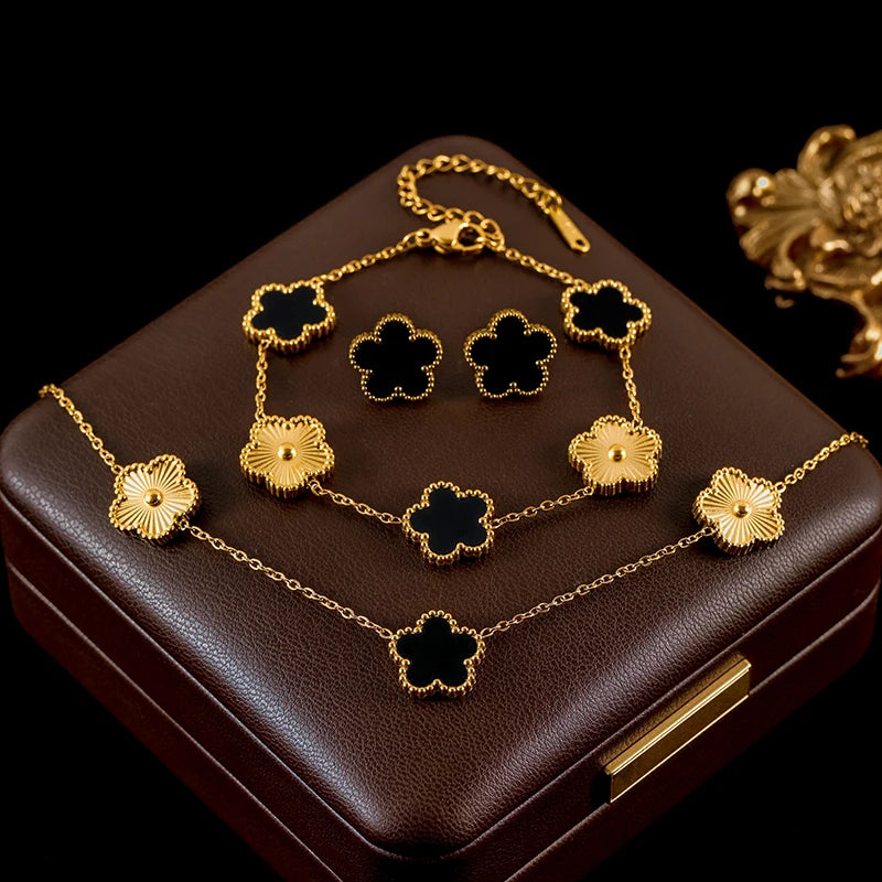 GANEMLY 316L Stainless Steel Red Plum Blossom Plant Leaf Flower Set Reversible Necklace Earrings Bracelet Women Clover Jewelry