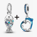 2Pcs/Lot Crystal Blue Scaled Fish Bead With Pendant Fit DIY Brand Charm Bracelet  For Women's Summer Jewelry To Making Gift