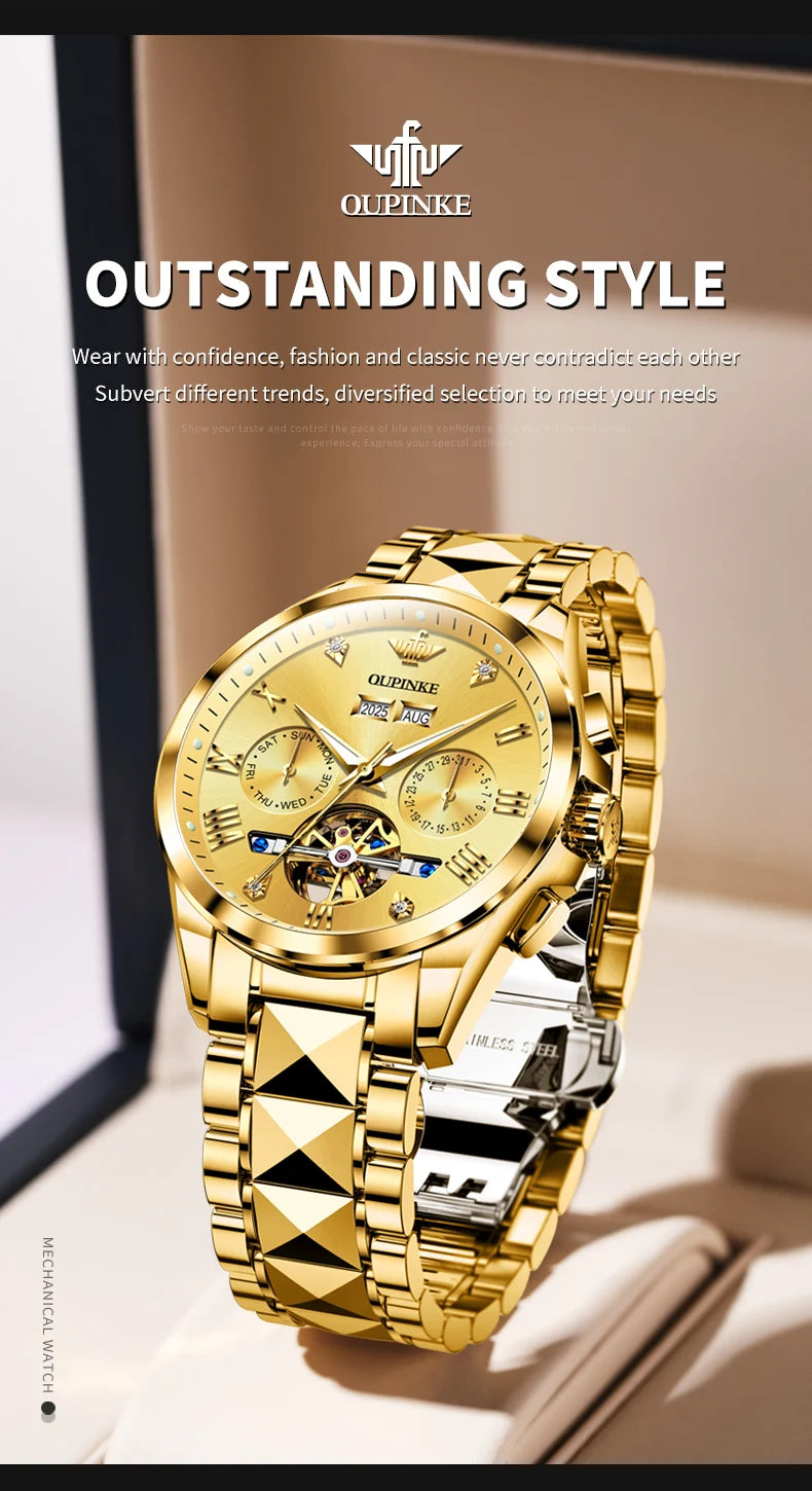 OUPINKE 3240 Automatic Watches Men 44mm Large Dial Tungsten Steel Strap Skeleton Flywheel Mechanical Watch for Men Luxury Watch