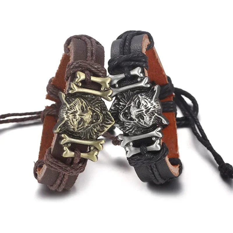 Wolf Alloy Wholesale Fashion Punk Bones bracelets Leather Bracelets Men Bracelets Chain Adjustable Rope Jewelry Charm