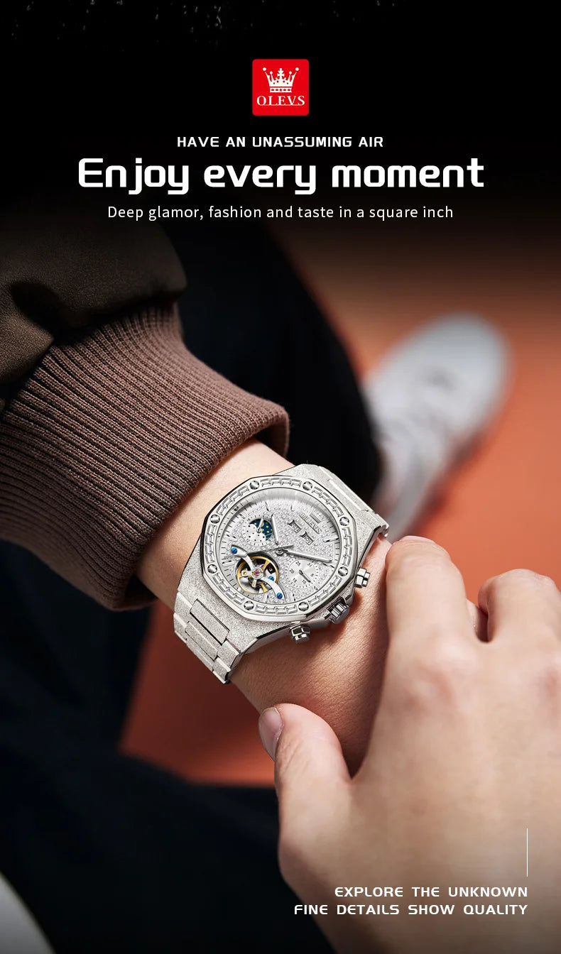 OLEVS 9805 High end Men Watches  Waterproof Moon Phase Diamond Dial Fashion Luxury Mechanical Watch Skeleton Original Wristwatch