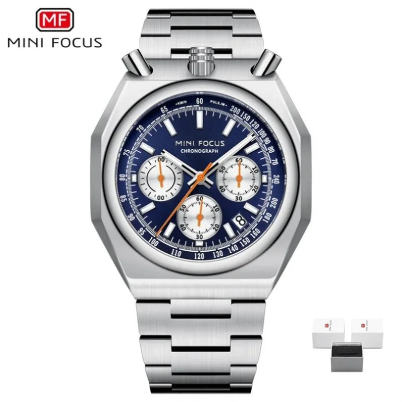 MINI FOCUS 0601 Multifunctional Unique design Quartz Watch for Men Calendar Luminous Stainless Steel Strap Bull Head Mens Watch