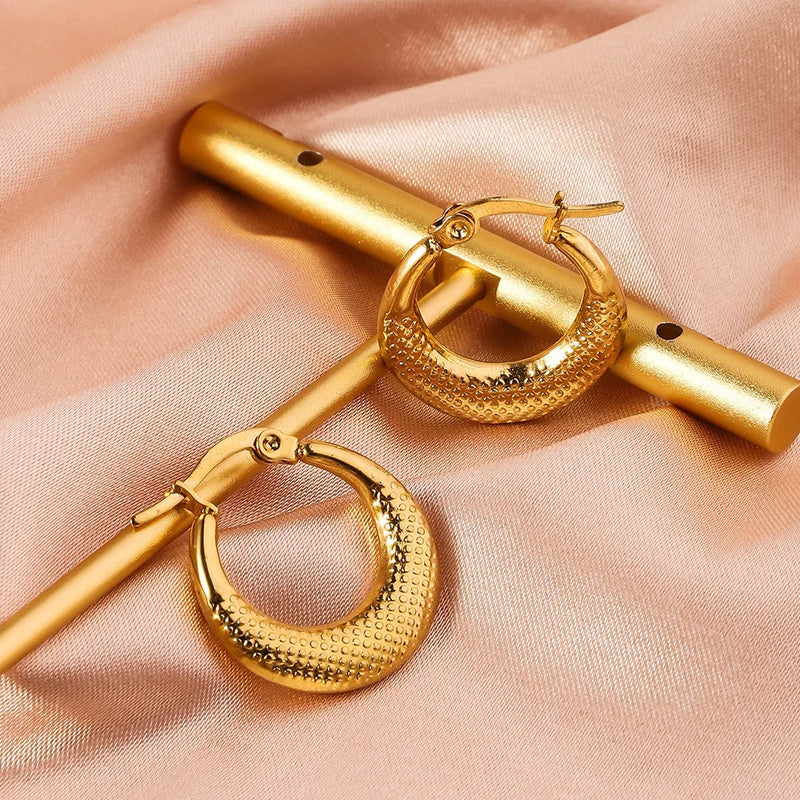Women's Embossed Stainless Steel Hoop Earrings, Electroplated Gold Color Non Fading Earrings, Exquisite Jewelry Accessories