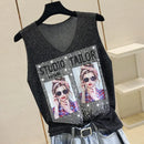 Hot Rhinestone Bright Silk Sleeveless Vest Women's Spring/Summer New Style V-neck Loose All-match Sling Knitted  Top T-shirt