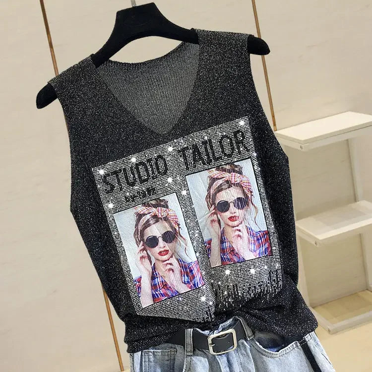 Hot Rhinestone Bright Silk Sleeveless Vest Women's Spring/Summer New Style V-neck Loose All-match Sling Knitted  Top T-shirt