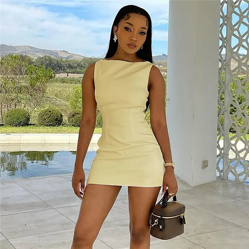 Mozision Fashion Sleeveless Sexy Mini Dress For Women Solid Color O Neck Zipper Two Layer Bodycon Club Party Dress Elegant