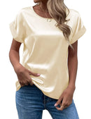 Spring and Summer New Women's Short Sleeve Satin Shirt Loose Casual Round Neck Colored Ding T-shirt Women