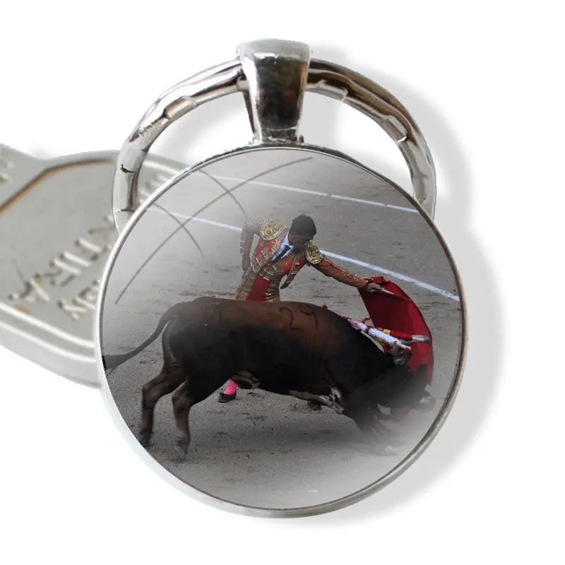 Bullfighting Spanish Bullfight Pattern 25mm Glass Cabohcon Keychain Key Rings for Women Men Jewelry Gift