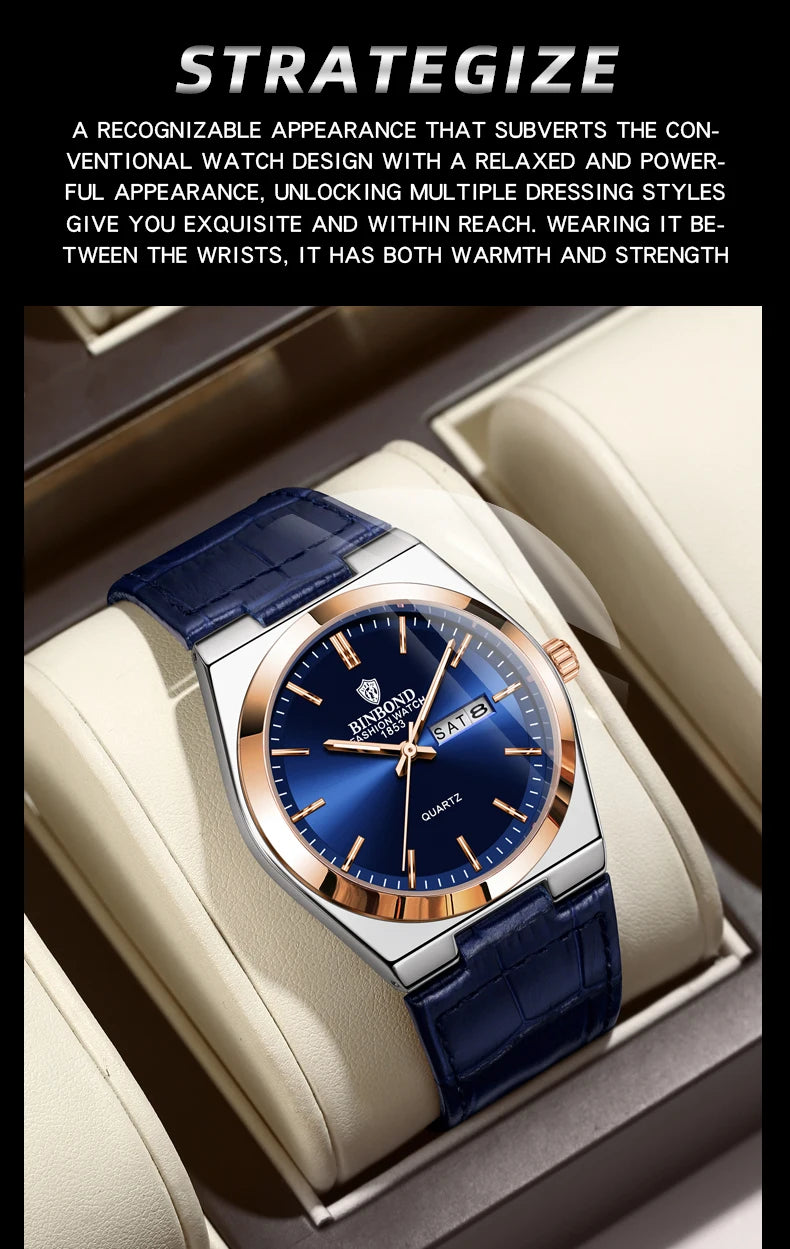 BINBOND New Authentic Youth Men's Quartz Watchwith Fashion Leather Strap Waterproof Luminous Calendar Luxury Business Men Watch