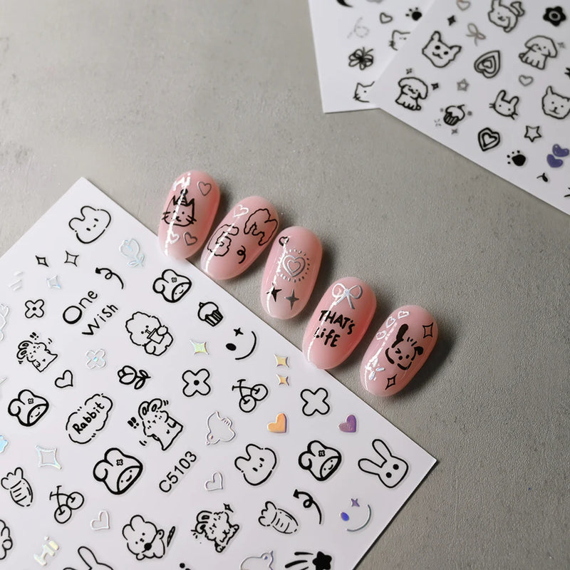 Laser Silver 3D Kawaii Cute Cat Nail Stickers Holographic Cartoon Puppy Dog Graffiti Design Sliders Decals Manicure Decoration