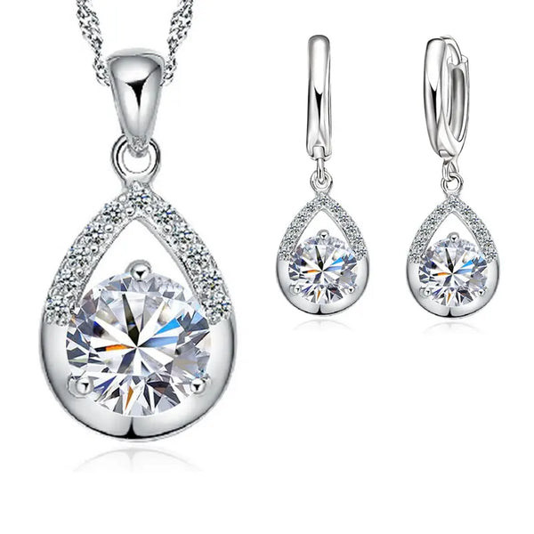 Hot Sale Bridal Jewelry Sets 925 Sterling Silver Color Crystal Water Drop Necklaces Hoop Earrings Women Party Engagement