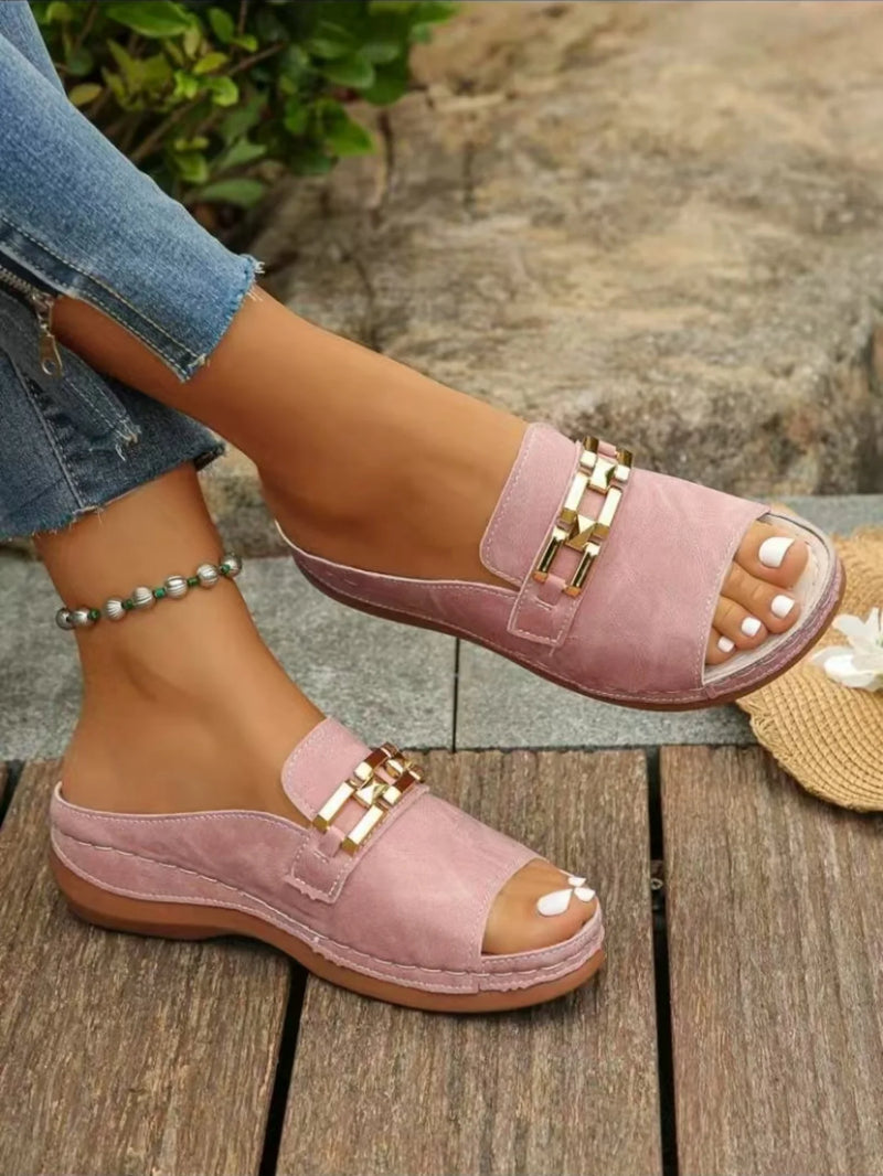 Women's Slippers Summer New Fashion Metal Button Slides Shoes Wedge Beach Sandals Women Outside Platform Designer Sandals