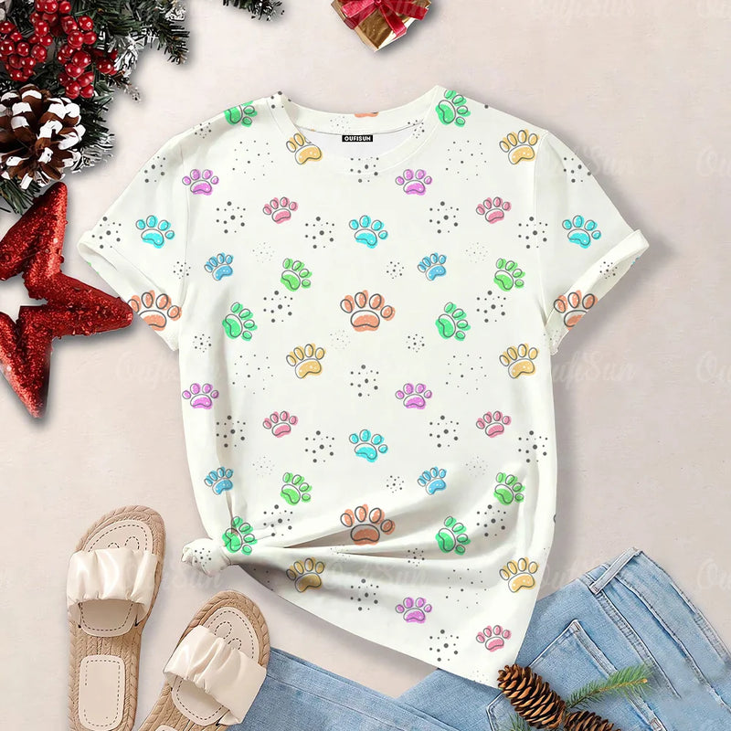 2024 Women's Top Summer Clothes Fashion Short-Sleeved Cat And Dog Paw Print Women's T-Shirt Cute Dog Paw Aesthetic Tops Woman