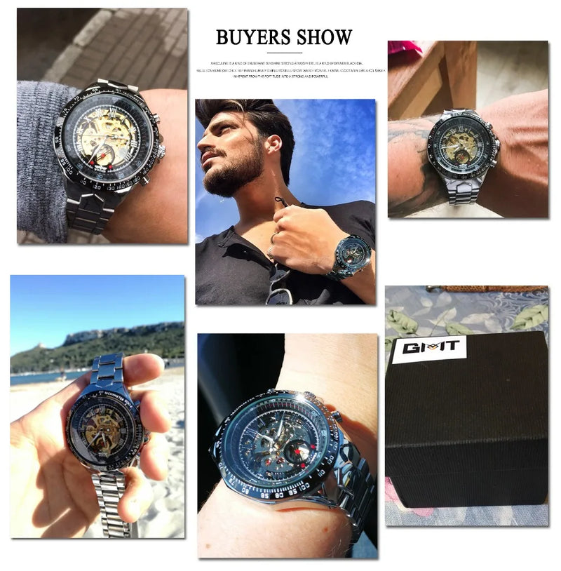 Winner Classic Series Golden Movement Steel Mens Skeleton Man Wrist Watch Mechanical Top Brand Luxury Fashion Automatic Watches