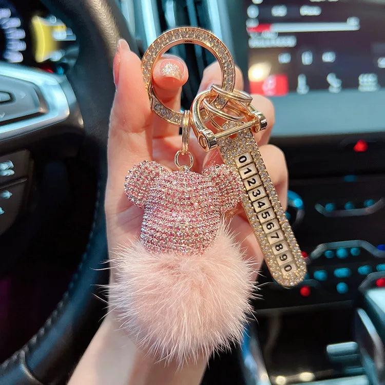 Luxury Handmade Craft Bear Keychain Mink Hair Anti-lost Number Plate Rhinestones Key Chain Lady Charm Bag Car Key Chain Gift