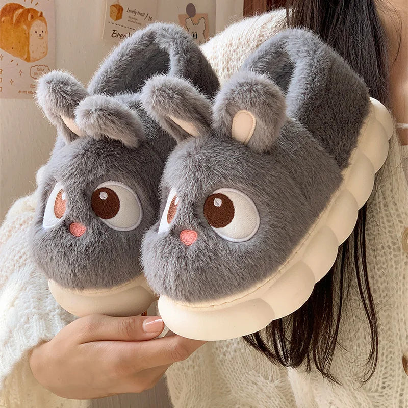 Cute Rabbit 2024 Women's Home Slippers Flat Heel New Women's Slippers Round Toe Casual Winter Warmth Daily Life Plaid Casual Autumn and Winter Shoes Fur Slippers Couple Slippers