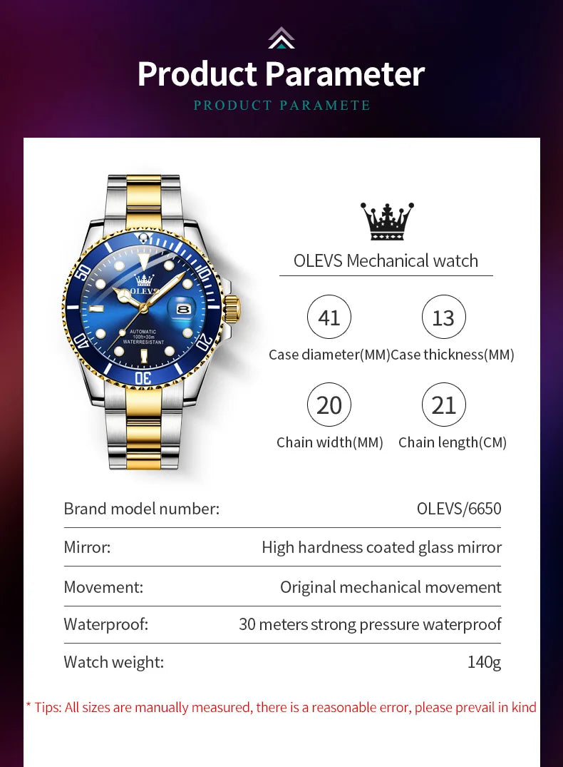 OLEVS Men Automatic Watch Luxury Diving Watch Waterproof Luminous Stainless steel Business Mechanical Watch for Men reloj hombre